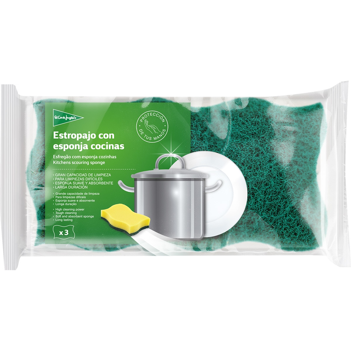 estropajo fibra verde con esponja cocinas envase 3 unidades