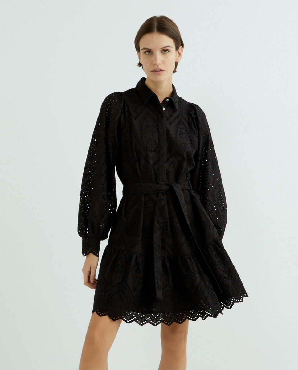Vestido Curto com Manga Comprida e Cinto Preto-1