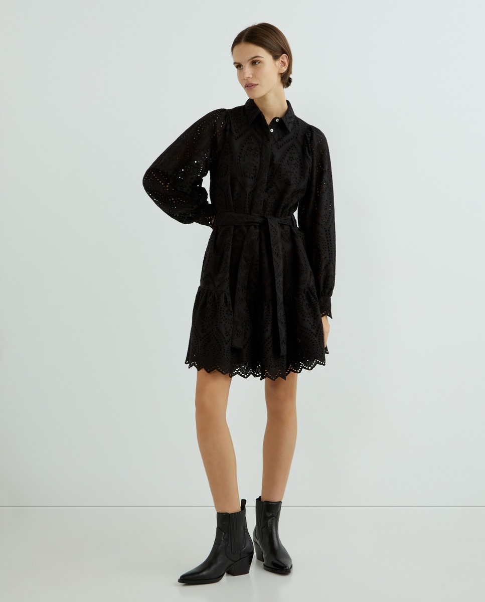 Vestido Curto com Manga Comprida e Cinto Preto-2