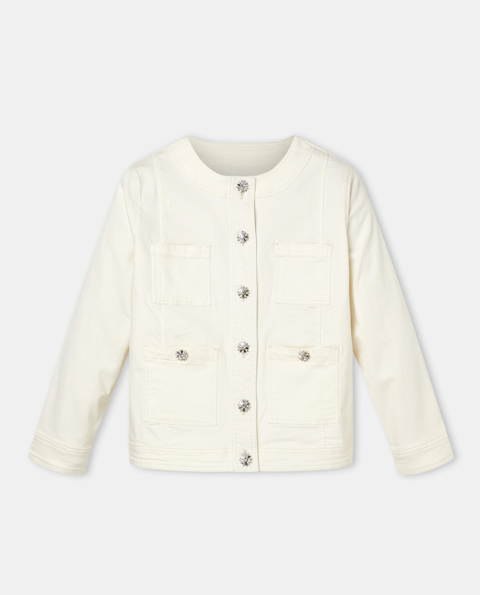 Blusão de Ganga com Botões de Joia Branco-4