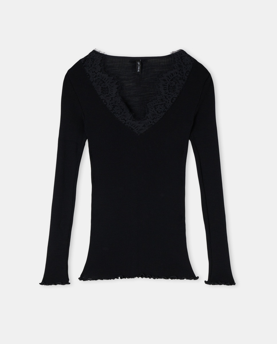 T-shirt de mulher com manga comprida Preto-1