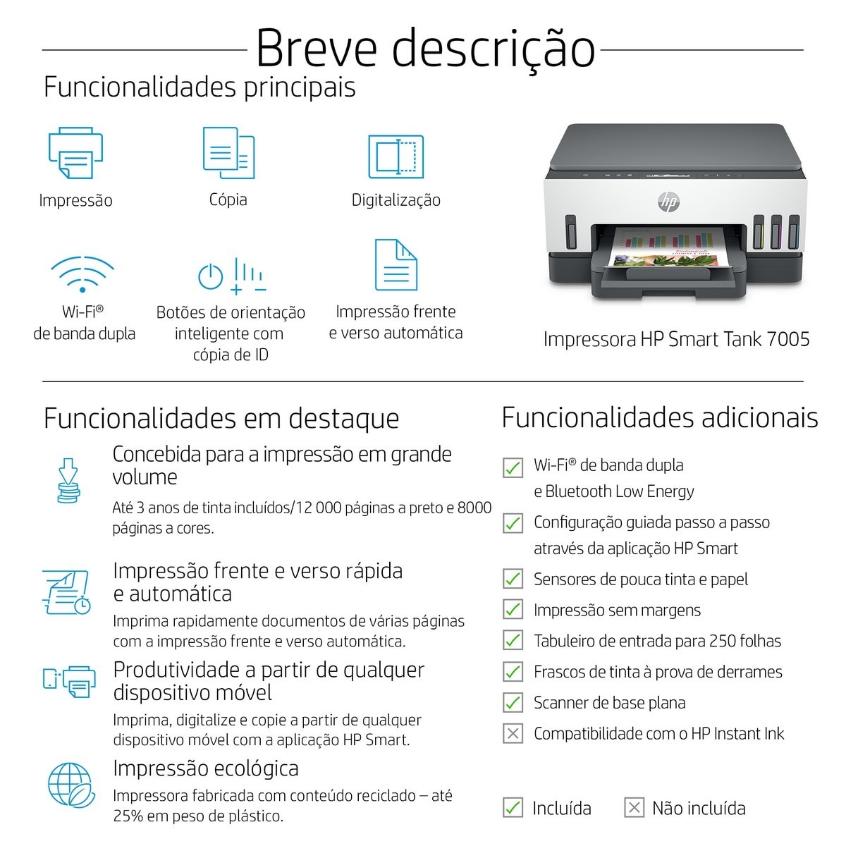 Impressora HP Smart Tank 7005 Multifunções, Jato de Tinta, Wi-Fi 5