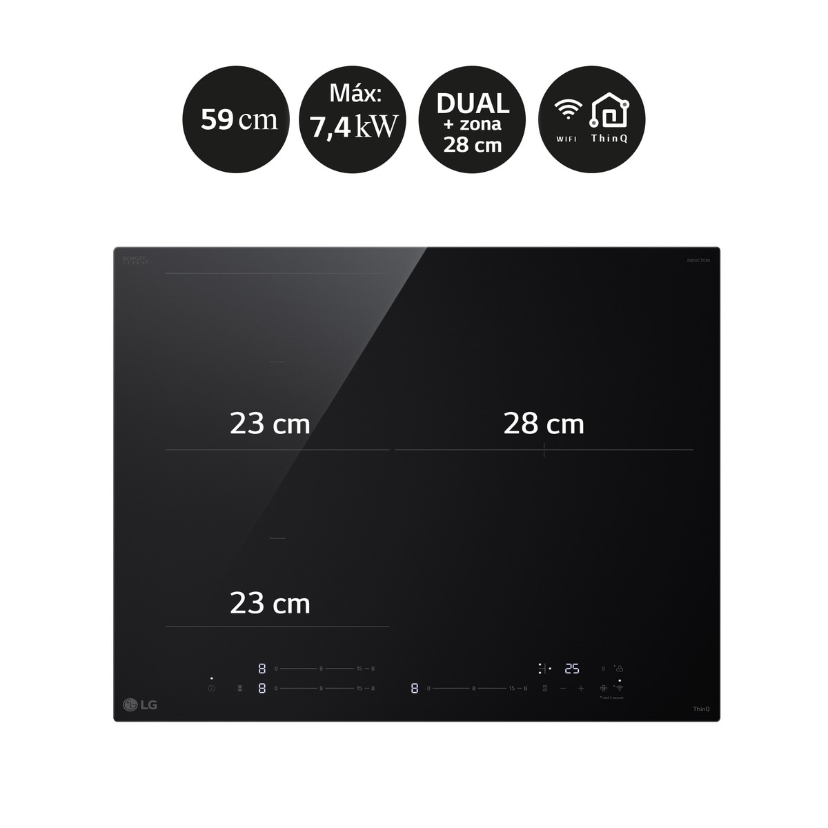 Placas de inducción LG con 1 zona 28 cm + 1 zona flex, 59 cm  -  CBIZ2432B Negro-4