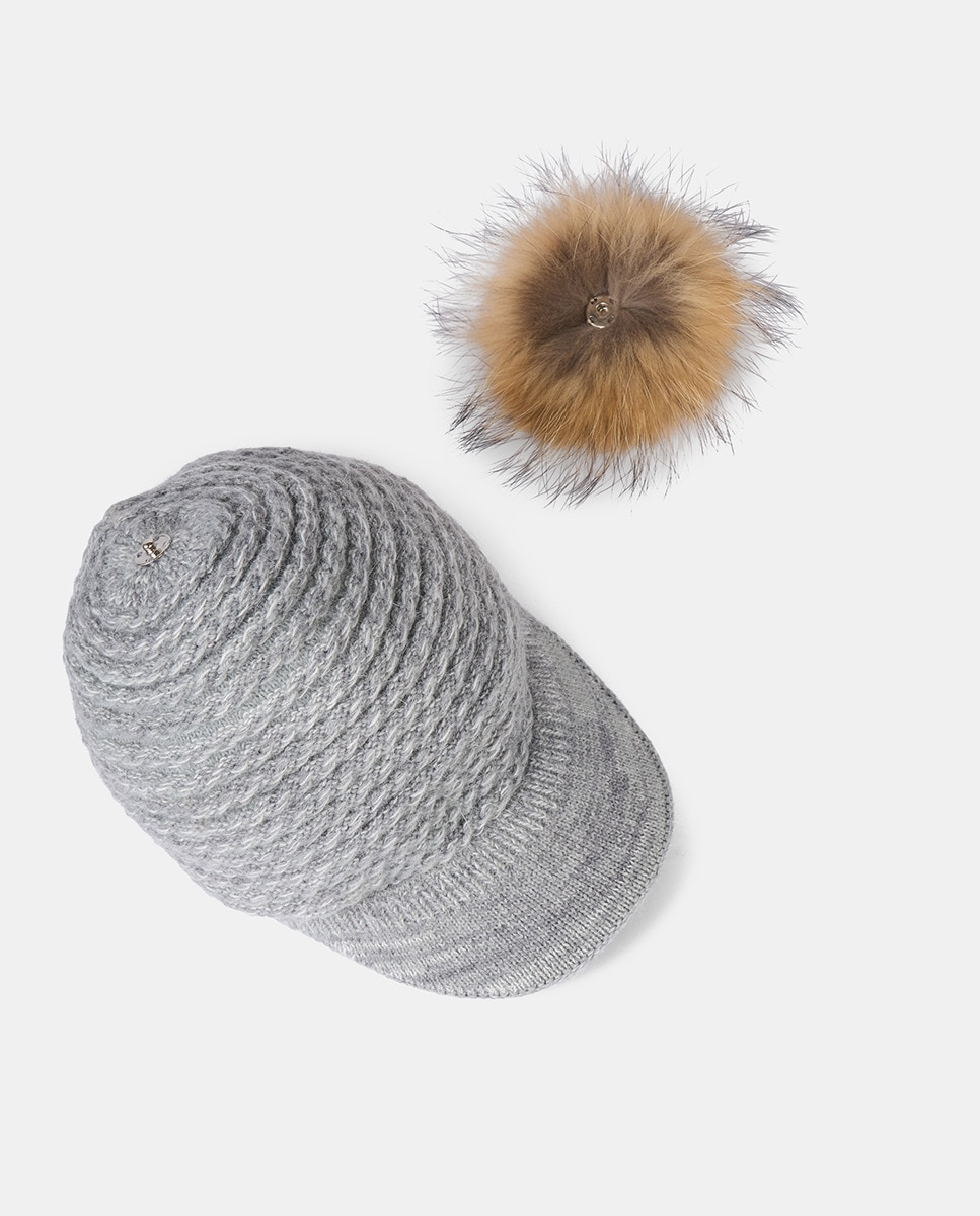 Boné de Malha com Pregas e Pompom de Pelo Natural - Cinzento Cinzento-2