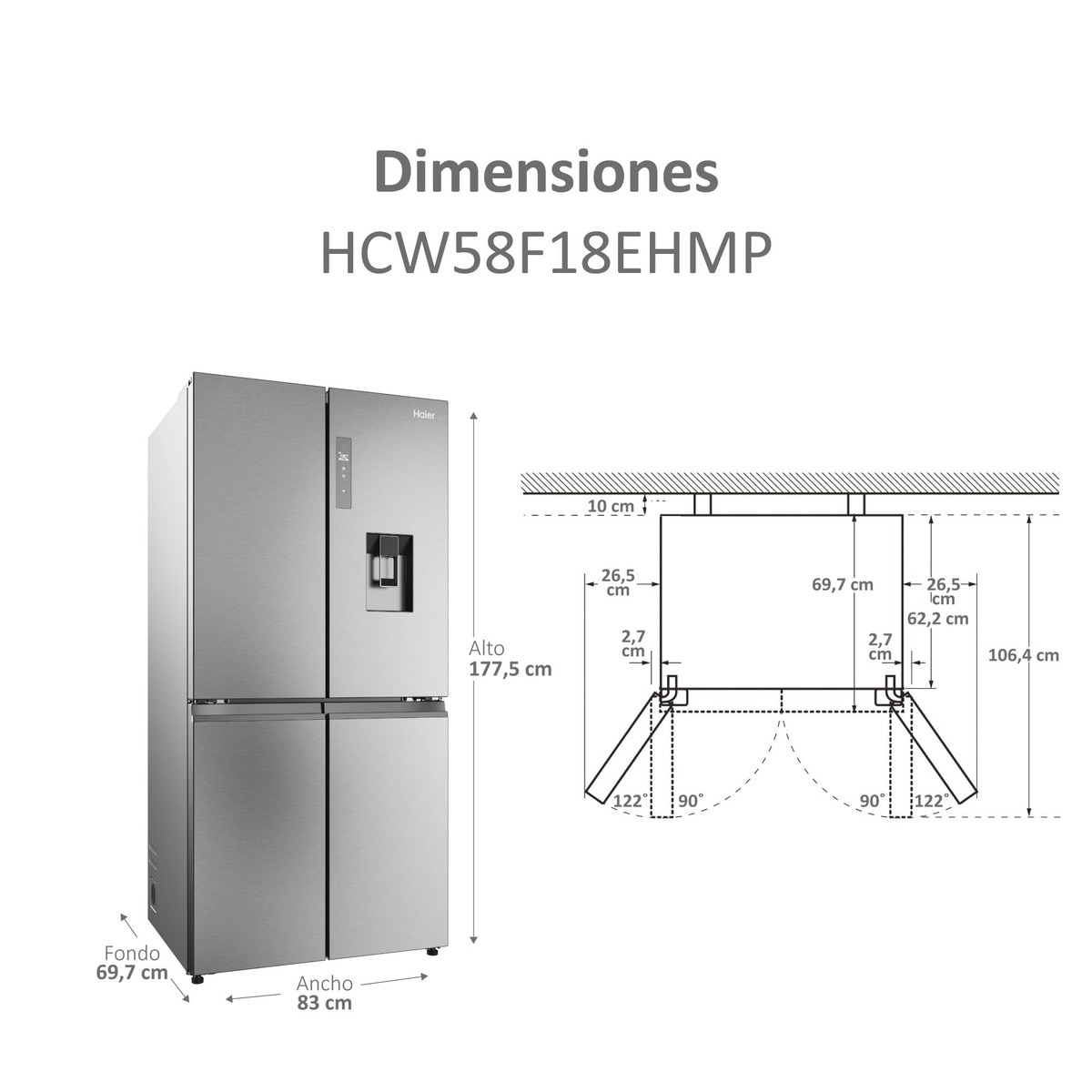 Frigorífico Americano Haier Cube 83 Series 5 HCW58F18EHMP de 4 Portas, No Frost, com Dispensador, WIFI e de 177,5 cm - Inox Inox-4