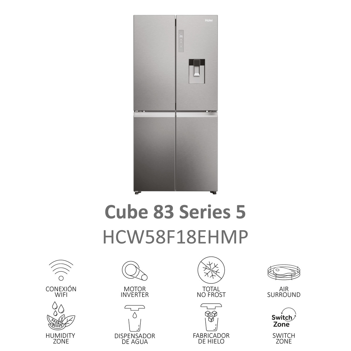 Frigorífico Americano Haier Cube 83 Series 5 HCW58F18EHMP de 4 Portas, No Frost, com Dispensador, WIFI e de 177,5 cm - Inox Inox-9