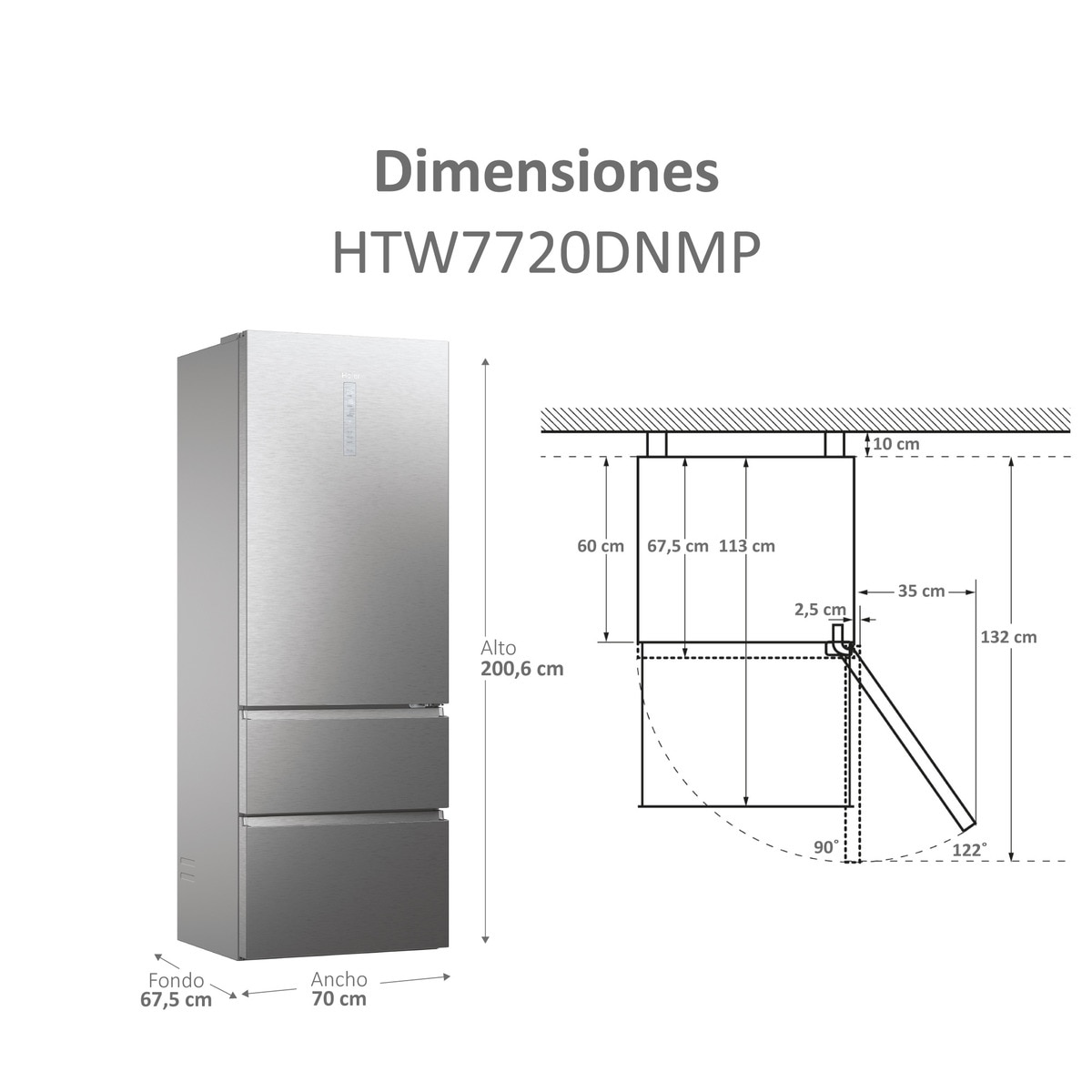 Frigorífico combi Haier Wifi, Total No Frost, 70 cm de ancho 3D 70 Series 7 - HTW7720DNMP Inox-4