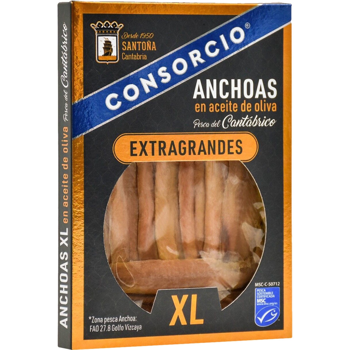 filetes de anchoa extra grandes en aceite de oliva pesca del Cantábrico bandeja 50 g neto escurrido