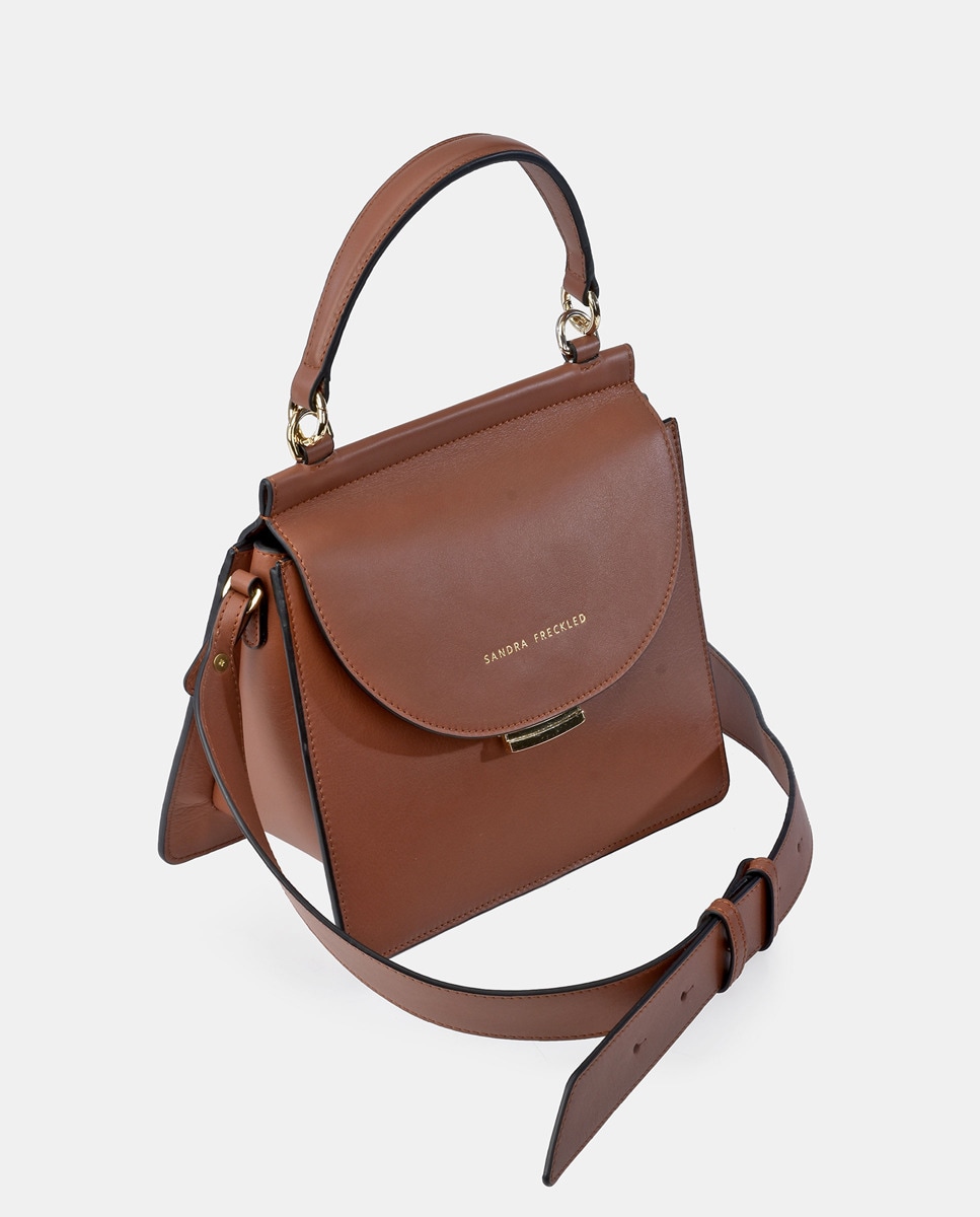 Mala de Mão Lisa com Aba e em Pele - Havana Castanho-claro-2