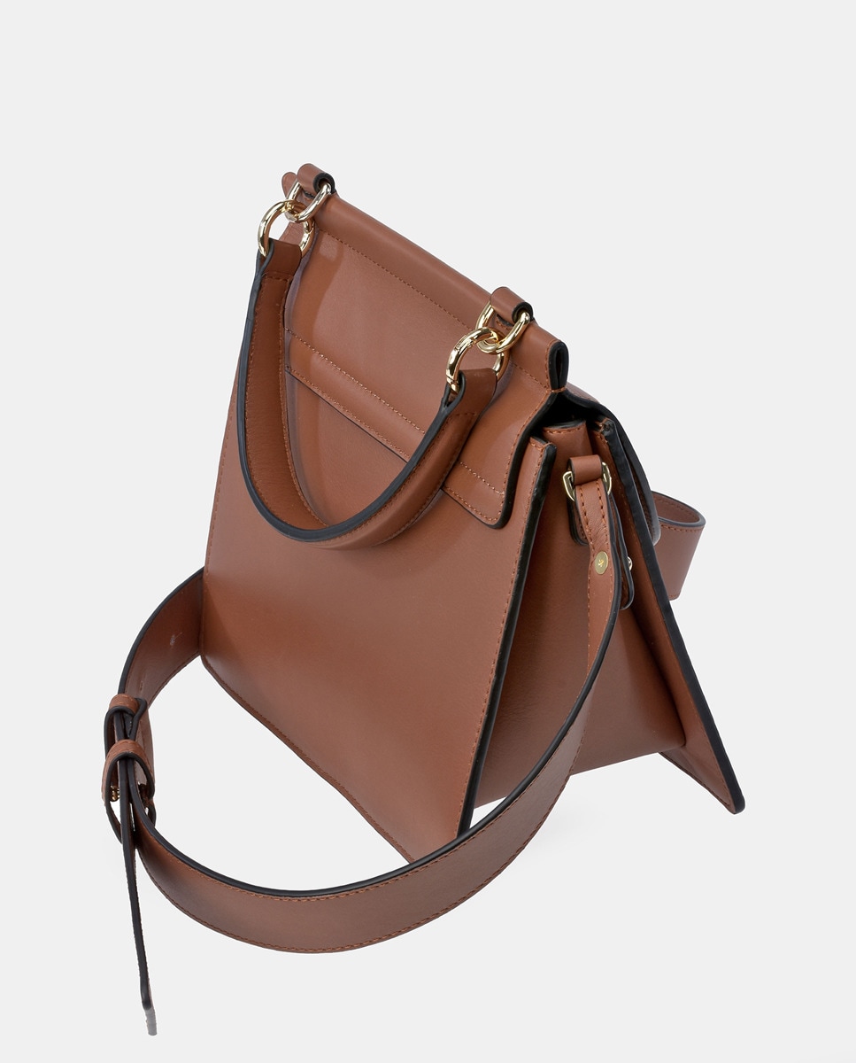 Mala de Mão Lisa com Aba e em Pele - Havana Castanho-claro-3