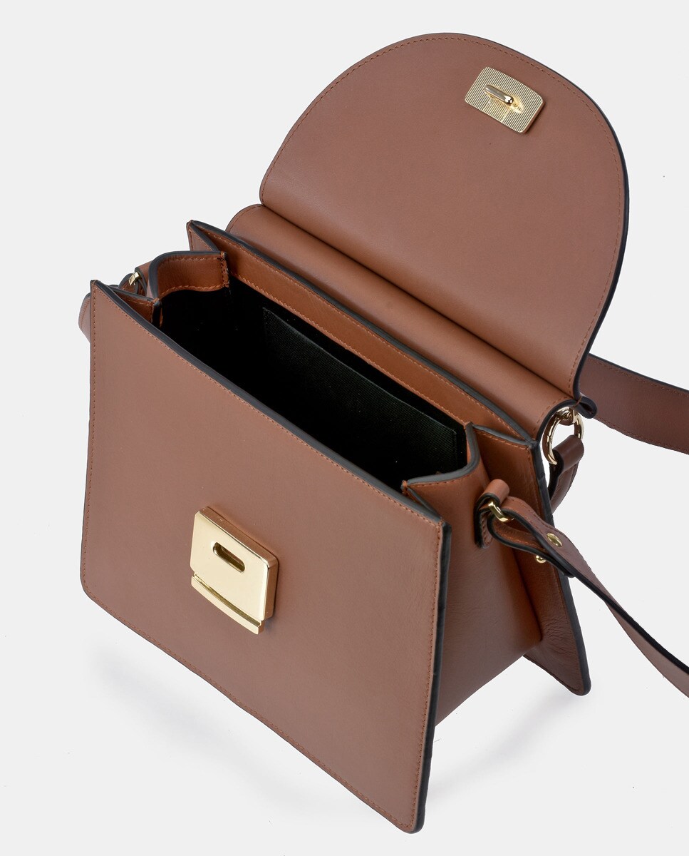 Mala de Mão Lisa com Aba e em Pele - Havana Castanho-claro-4