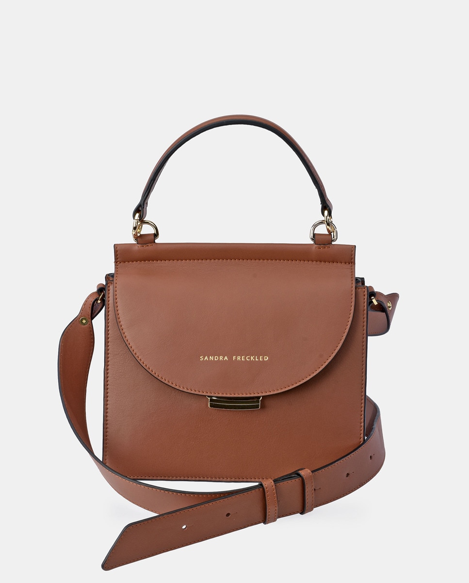 Mala de Mão Lisa com Aba e em Pele - Havana Castanho-claro-1