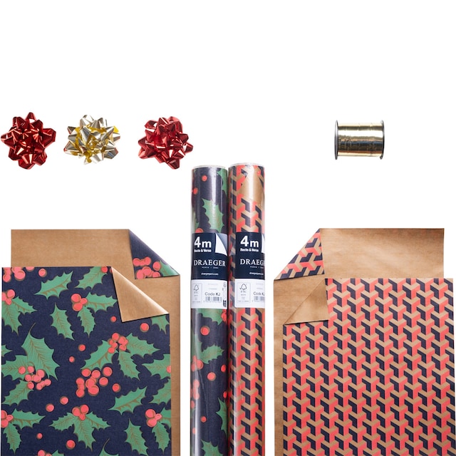 Imagen 0 de Kit 2 rollos de papel Navidad 4m. reversible con 3 lazos montados y 1 bobina de cinta Draeger