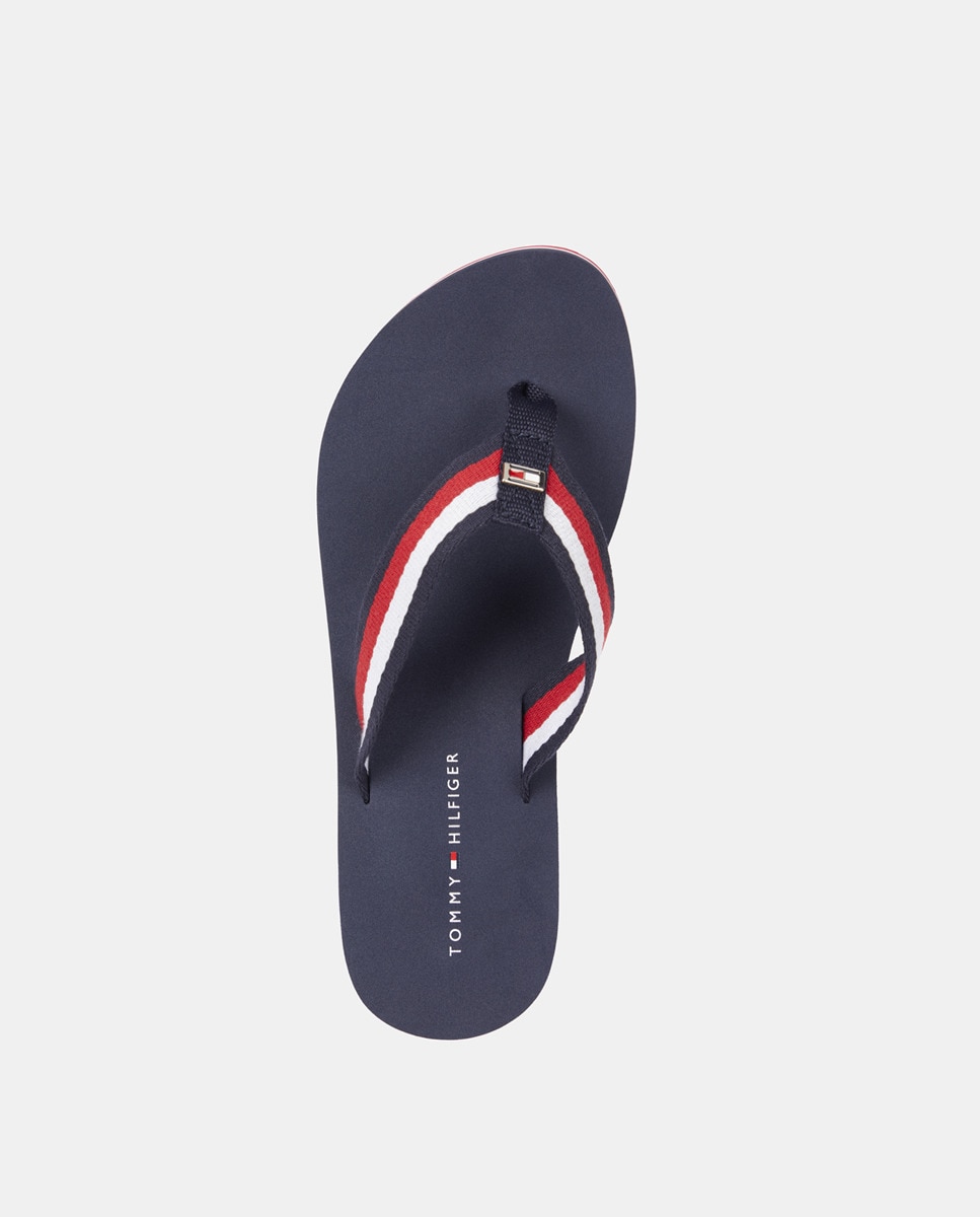 Chinelos com Tiras, Estampado às Riscas e em Têxtil Azul-marinho-2