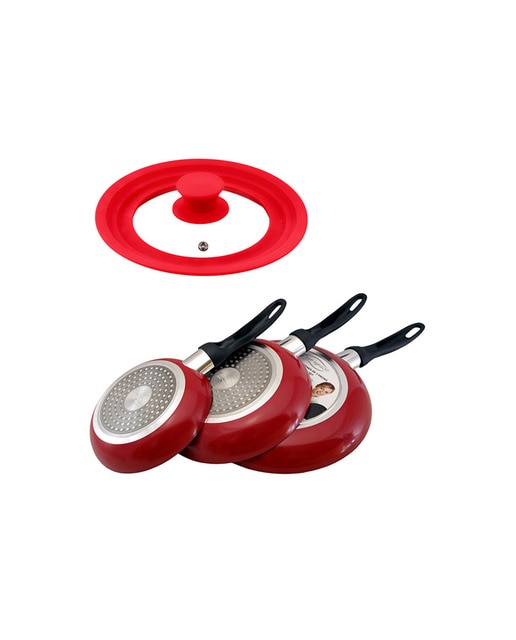 Imagen 0 de set de 3 sartenes "S. Ignacio" con revestimiento en mármol 16 cm. 20 cm. 24 cm. + tapa universal en color, de vidrio