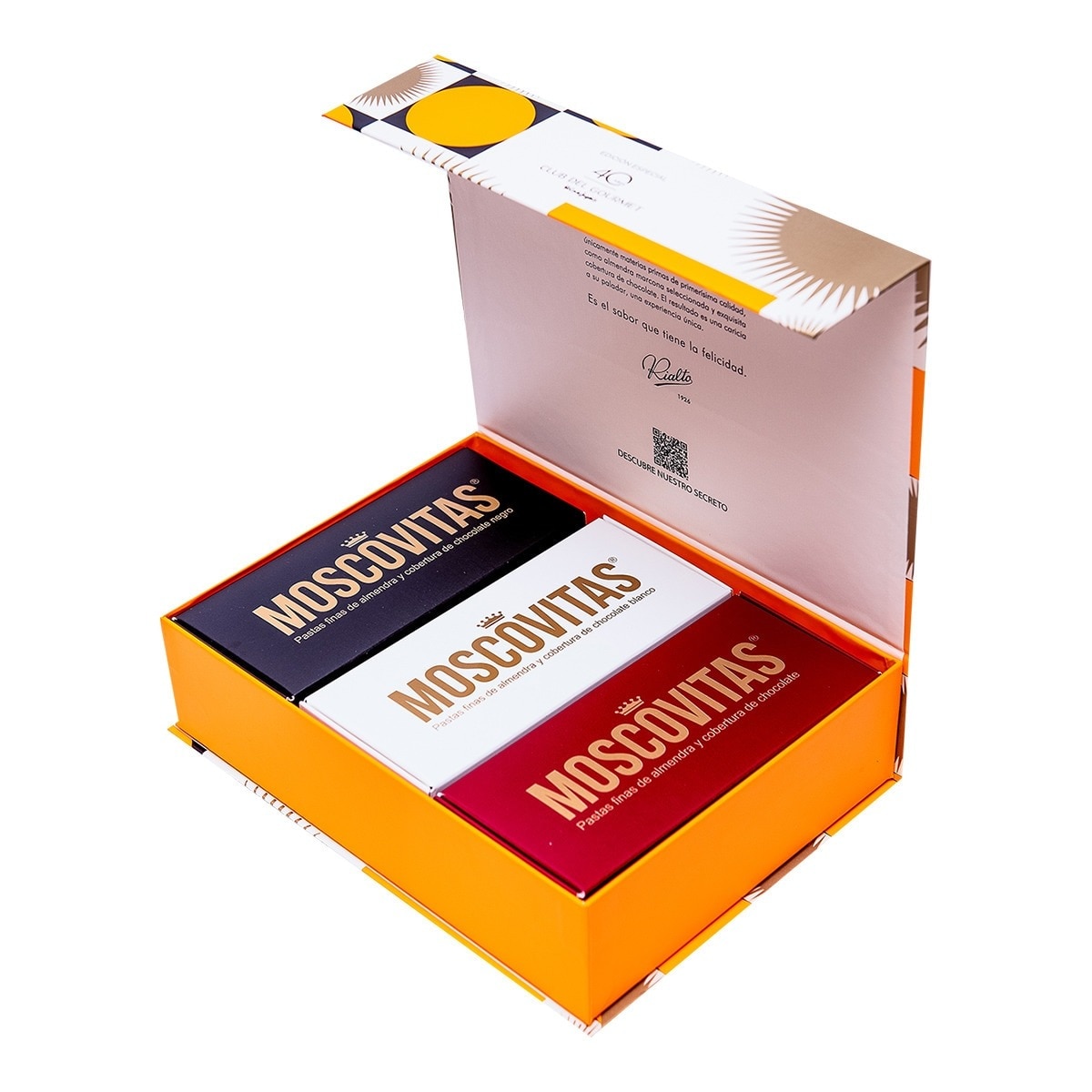 Caja con surtido de pastas de almendra con 3 coberturas de chocolate Moscovitas de Rialto Edición Especial 40 Aniversario Club del Gourmet 1
