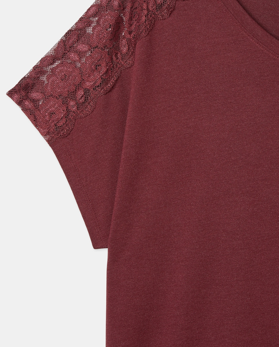 T-shirt com Detalhe de Renda Vermelho/Grená-5