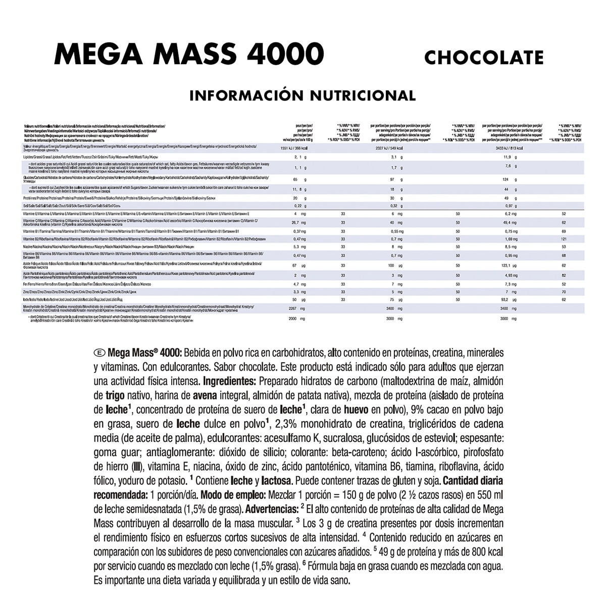 Aumentador de peso 4000 4 kg Sabor Chocolate Mega Mass 2