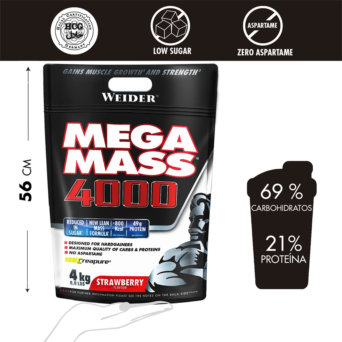Aumentador de peso 4000 4 kg Sabor Morango Mega Mass 3