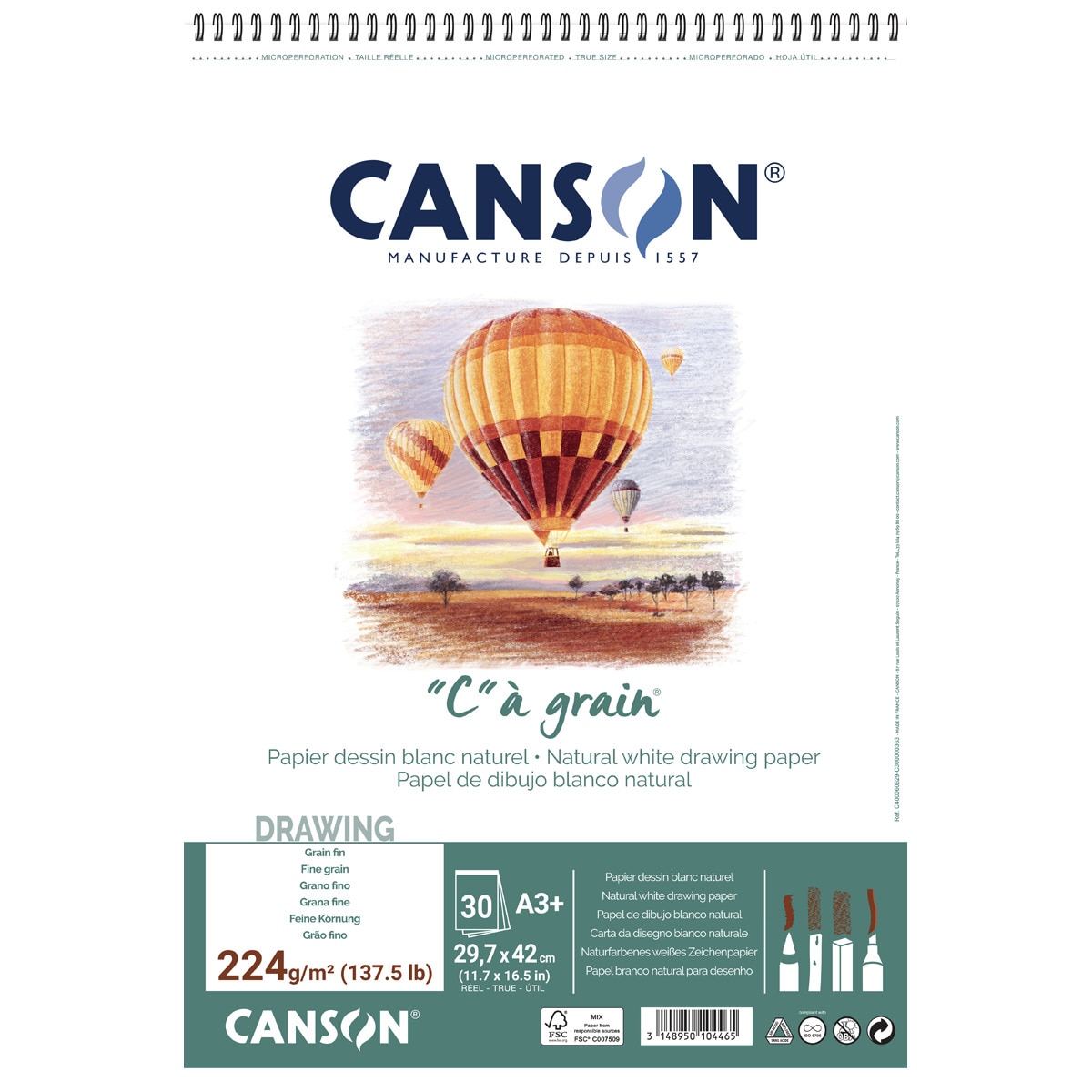 Imagen 0 de Album Espiral Microperforado, 30 Hojas, A3+, Papel Canson C A GRAIN, Grano Fino, 224g