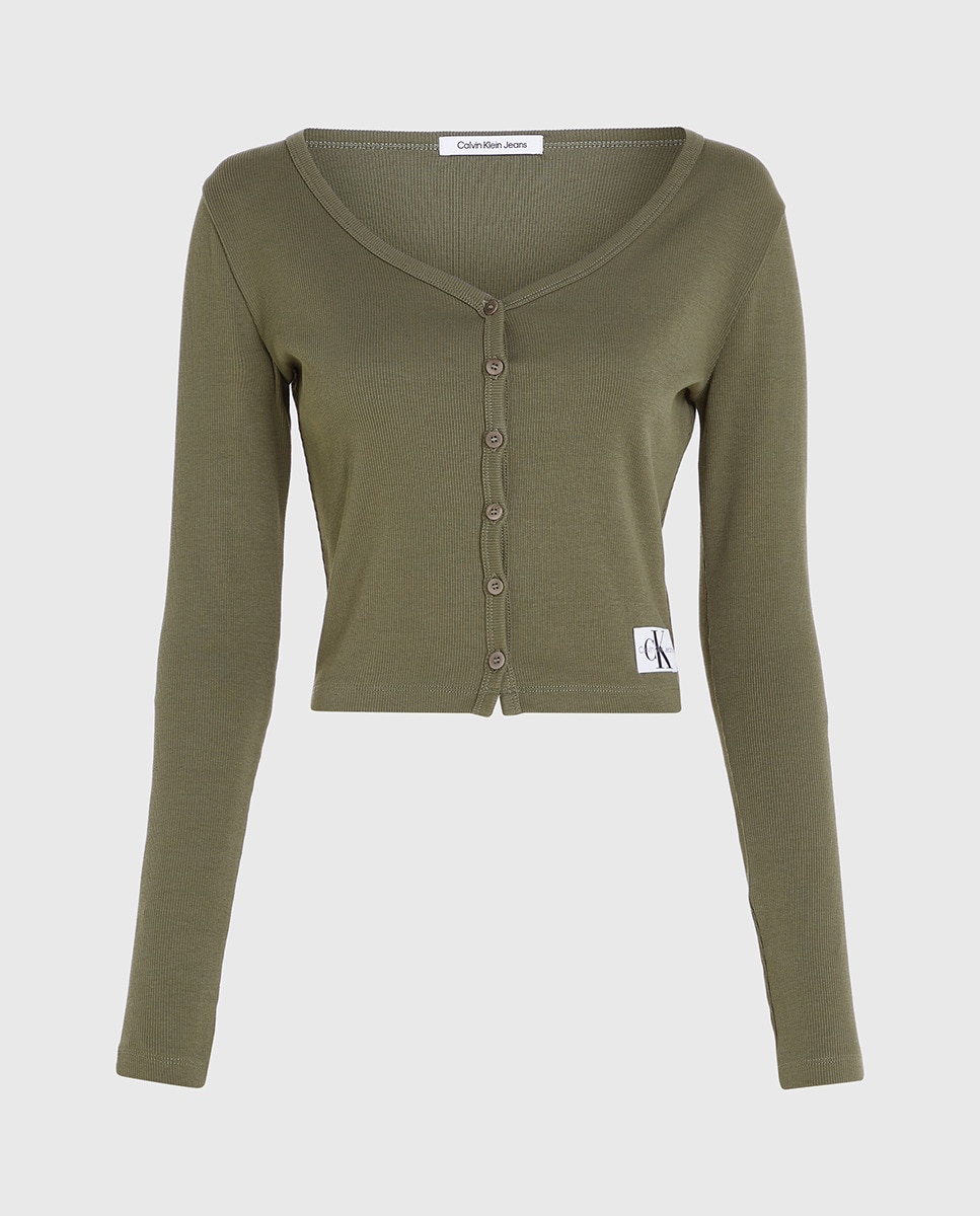 Cardigan Canelado com Insígnia e em Algodão Verde pardo-4