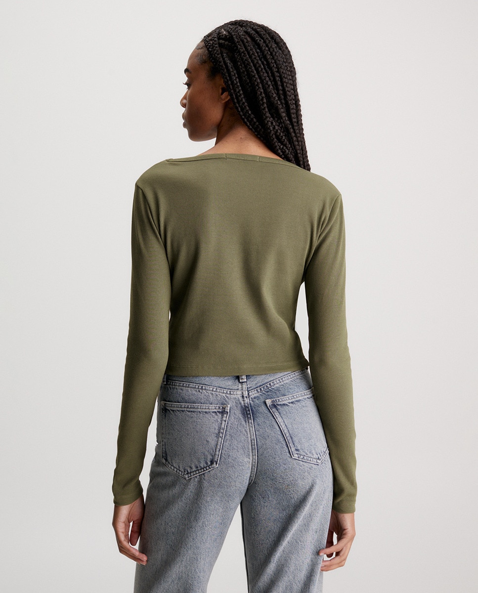 Cardigan Canelado com Insígnia e em Algodão Verde pardo-2
