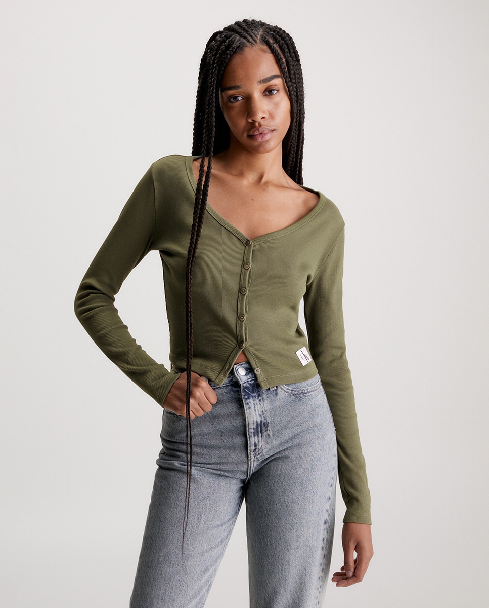 Cardigan Canelado com Insígnia e em Algodão Verde pardo-1