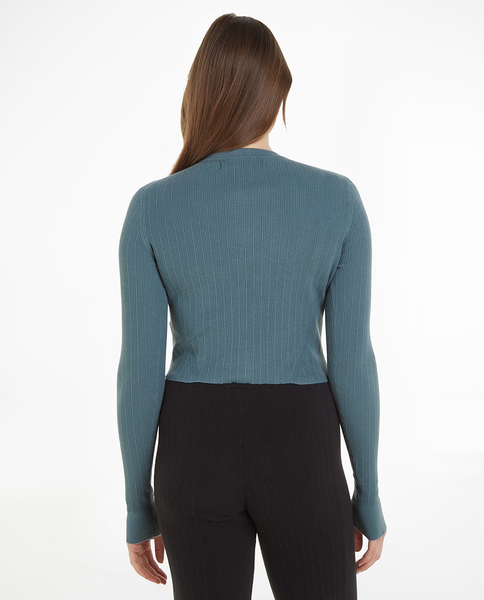 Camisola de Malha Tipo Cardigan Canelada - Azul Azul-2
