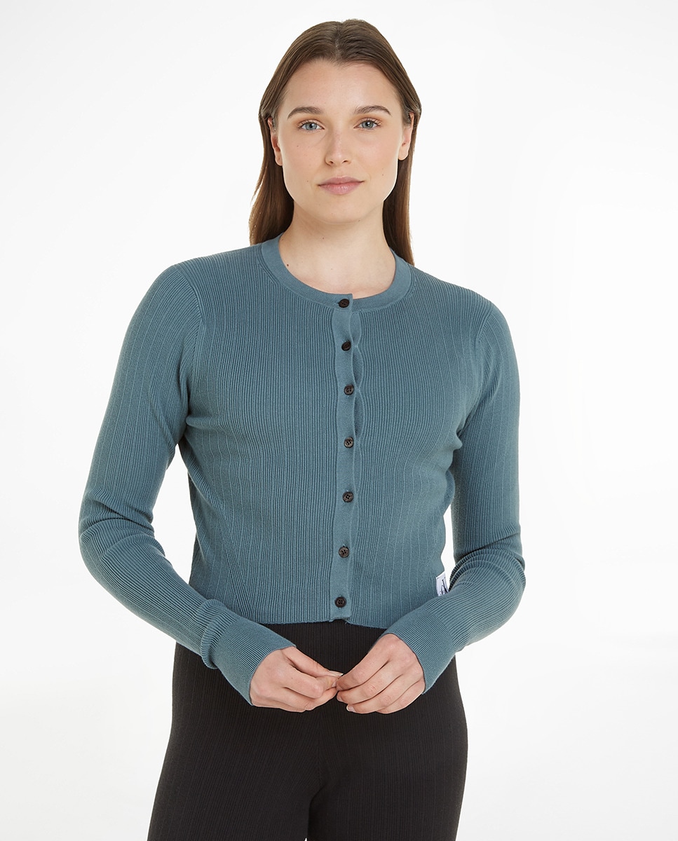 Imagem 0 de Camisola de Malha Tipo Cardigan Canelada - Azul