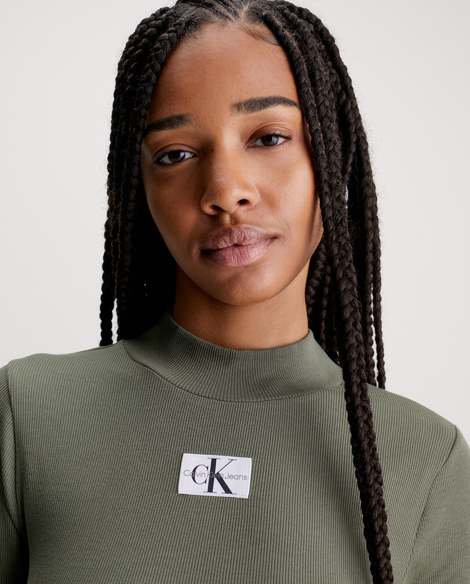 Vestido Canelado Slim com Manga Comprida Verde pardo-3