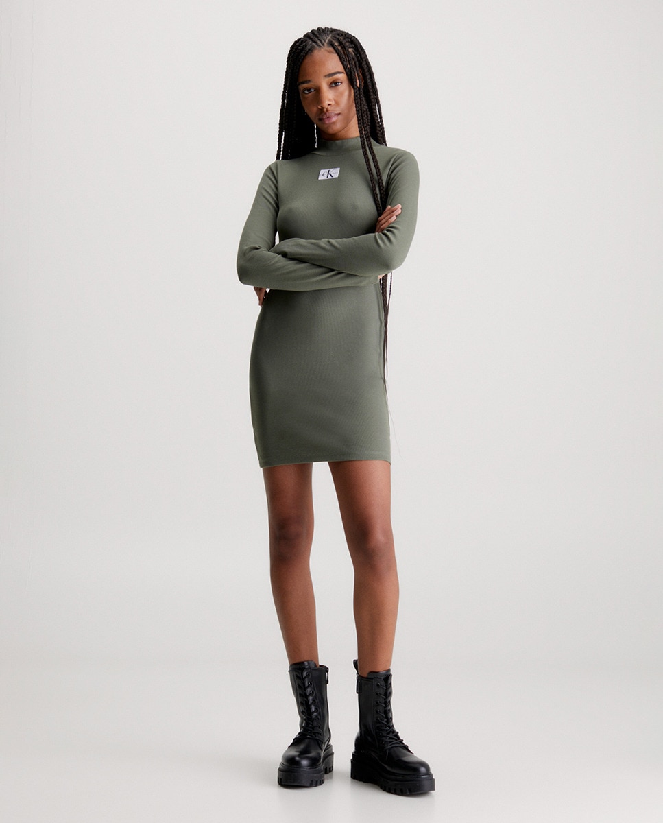 Vestido Canelado Slim com Manga Comprida Verde pardo-1