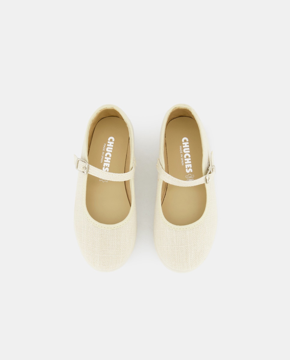 Sapatos de Presilha com Fivela e em Linho Bege-4
