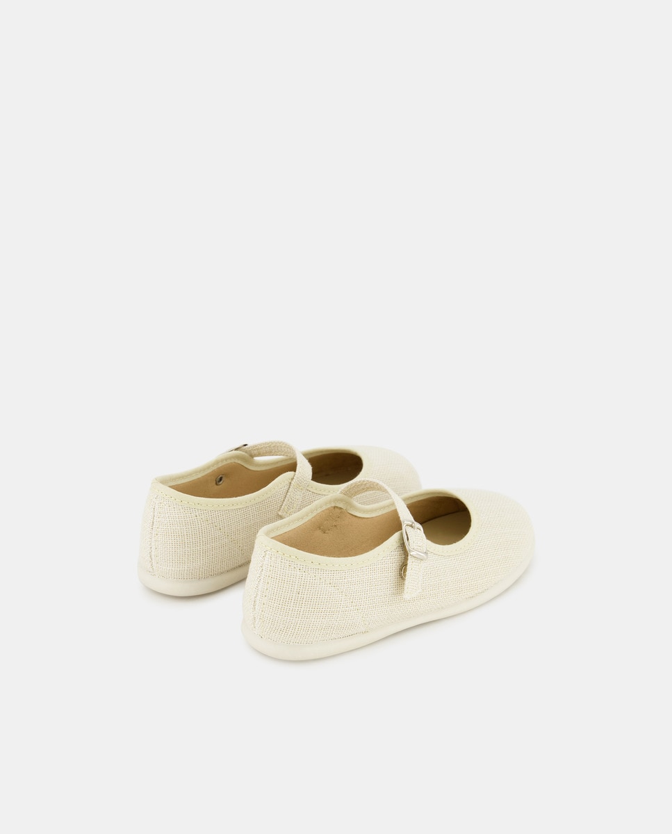 Sapatos de Presilha com Fivela e em Linho Bege-3