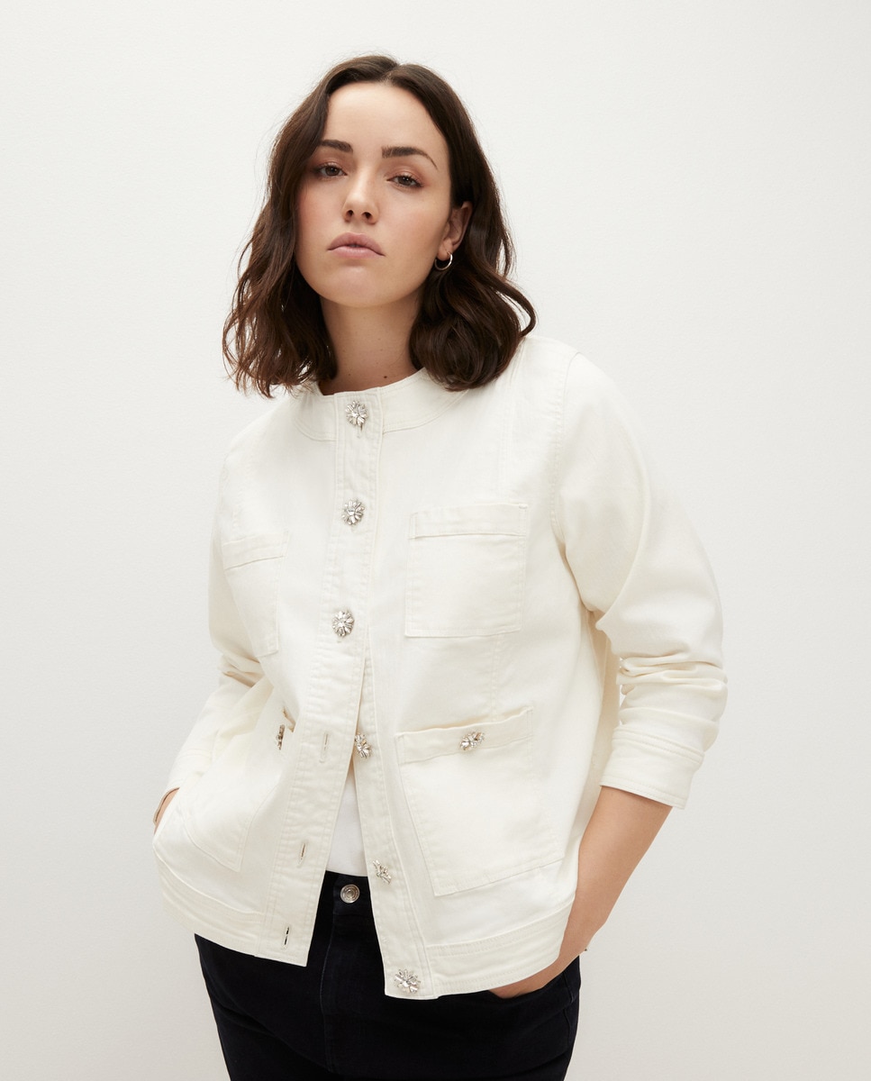 Blusão de Ganga com Botões de Joia Branco-3