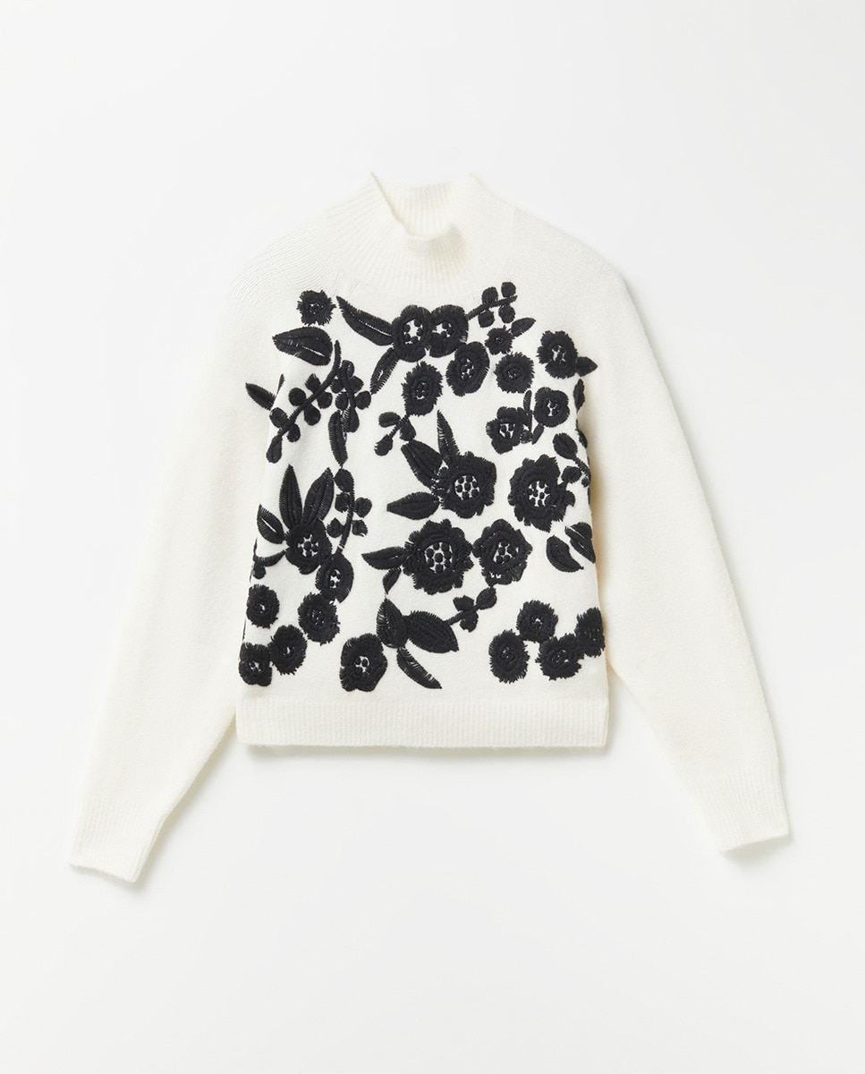 Camisola de Malha com Decote Redondo e Bordado Cru-5