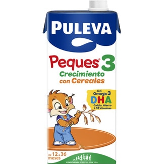 3 Crecimiento preparado lácteo con cereales, omega 3, DHA, calcio de 12 a 36 meses brik 1 l sin aceite de palma - Puleva Peques