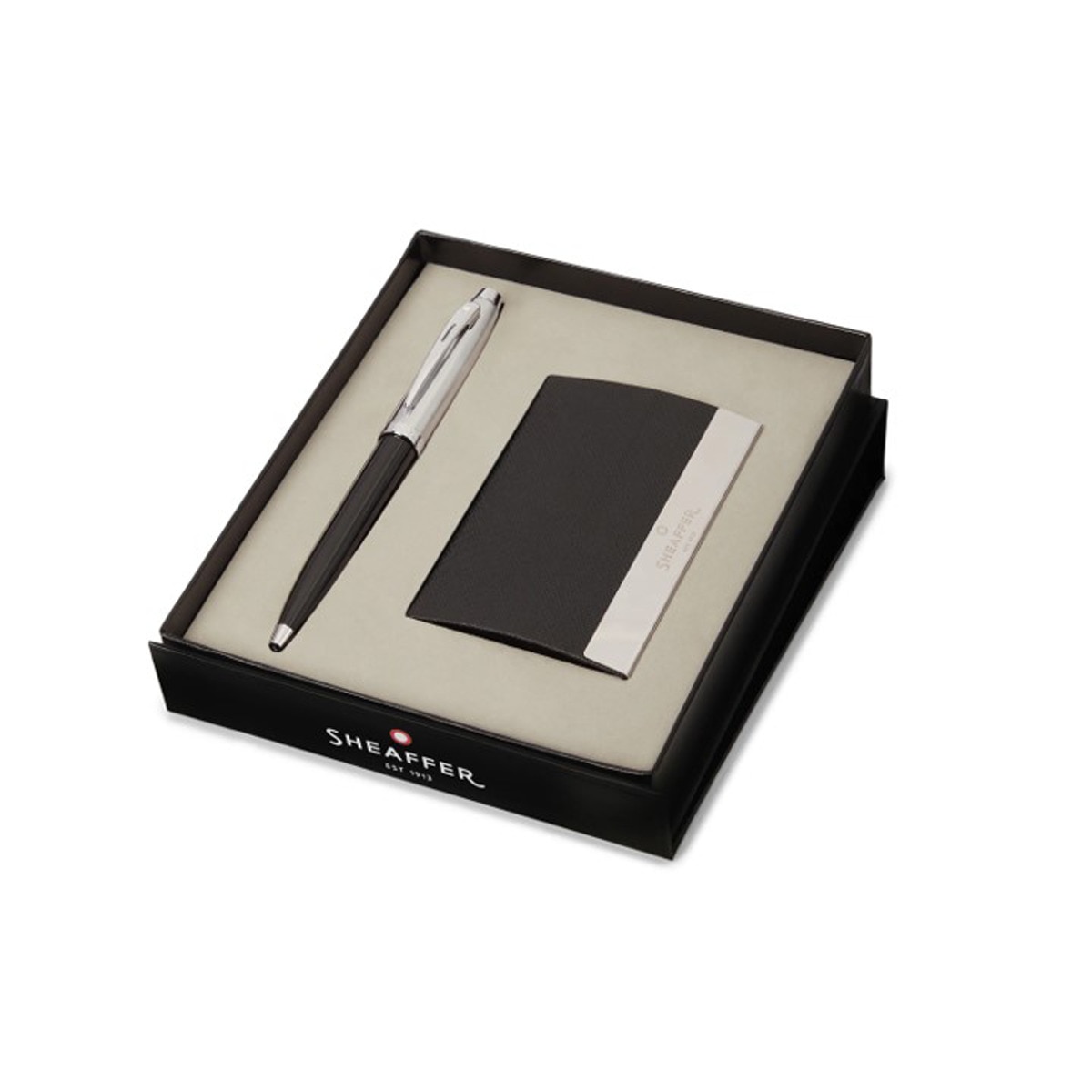Imagem 0 de Conjunto De Presente Porta-cartões Preto e Metálico com Caneta Com Tampa Cromada Escovada e Corpo Preto Sheaffer 100