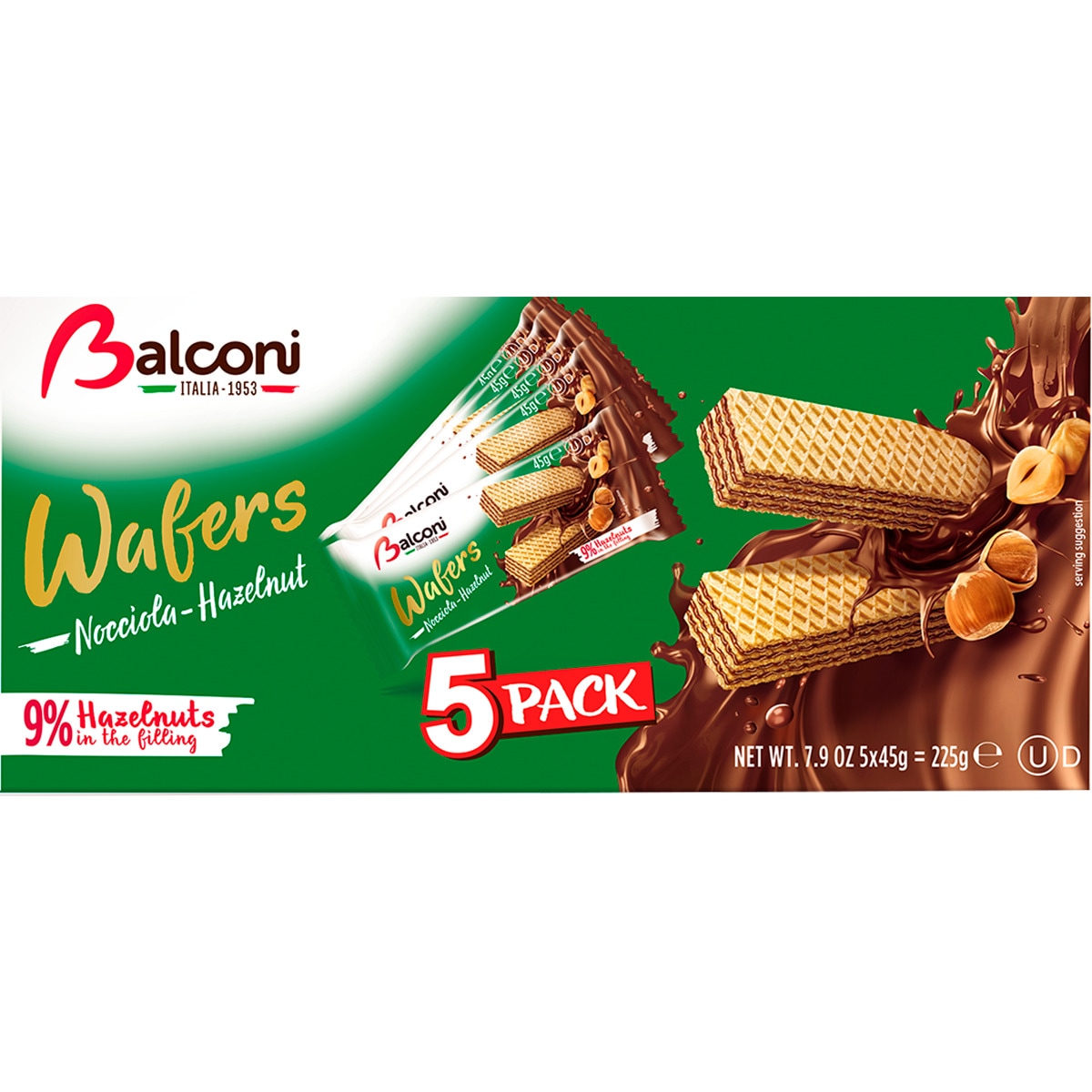 Bolachas Wafers de Chocolate e Avelã Pack 5 unidades embalagem 225 g