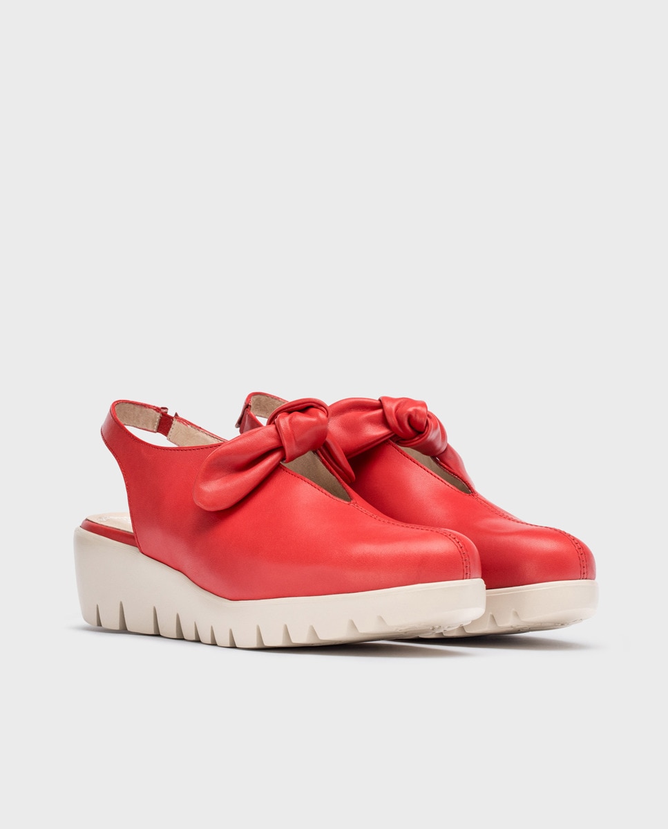 Sapatos Rasos Tipo Mules com Laço e em Pele Vermelho-3