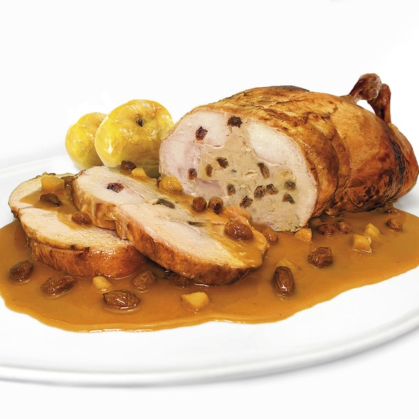 Oven roasted turkey with foie gras and raisin stuffing, 10-12 portions container 3,380 g apple sauce included gluten-free and lactose-free