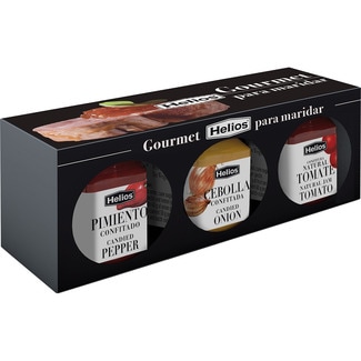 pack de mermeladas Gourmet de pimiento, cebolla y tomate para maridar envase 135 g - Helios