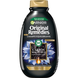 champú equilibrante Carbón Magnético & Aceite de semilla negra sin siliconas frasco 400 ml para raíces grasas y puntas secas - Original Remedies
