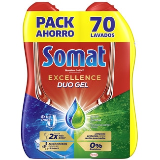 detergente lavavajillas Excellence duo gel extra poder y anti-grasa pack 2 botellas 35 dosis - Somat