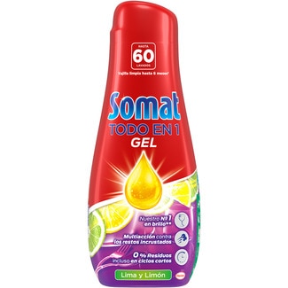 detergente lavavajillas Todo En 1 gel aroma lima limón botella 60 dosis - Somat