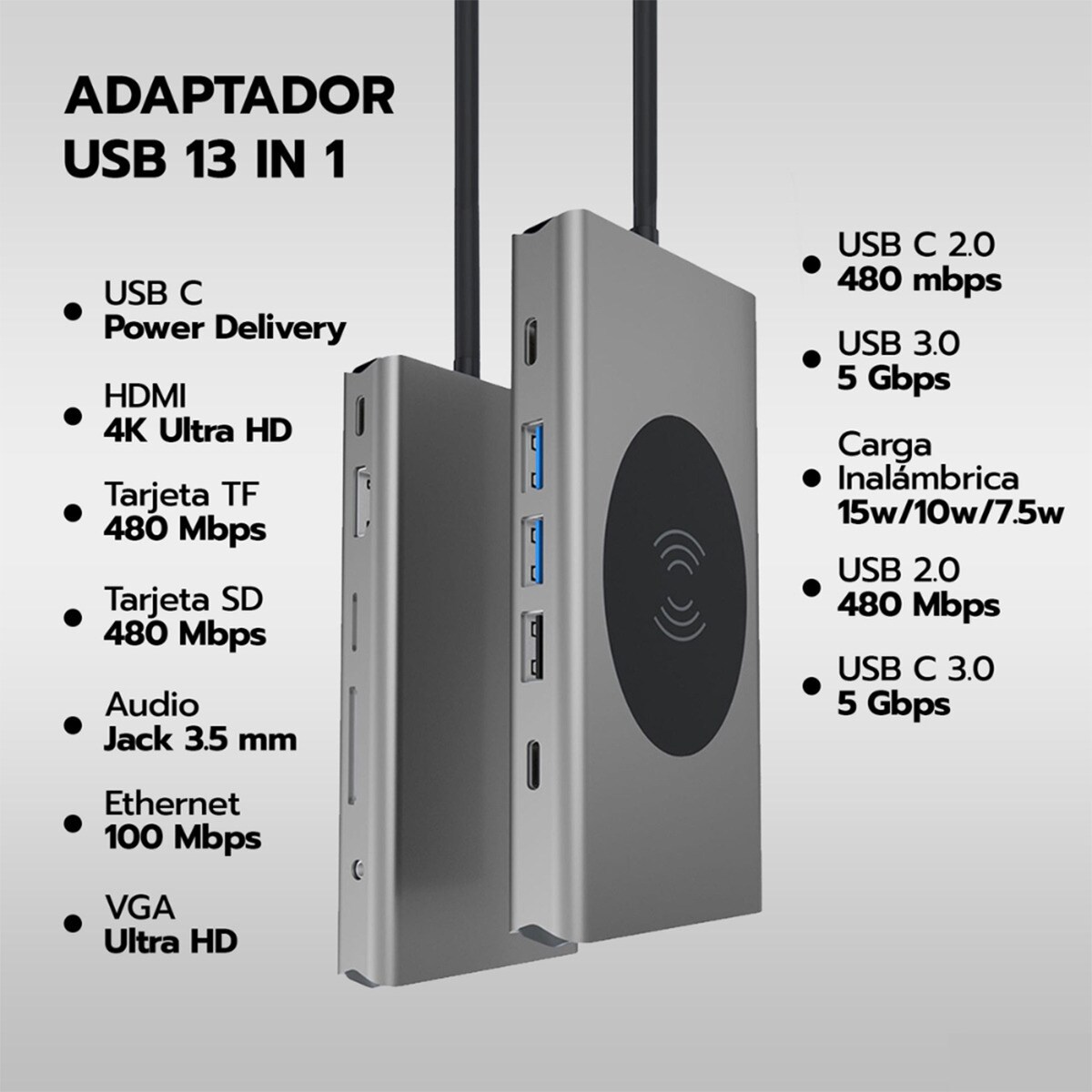 Hub Wireless Prolinx 13 en 1 USB C Gris metálico-2