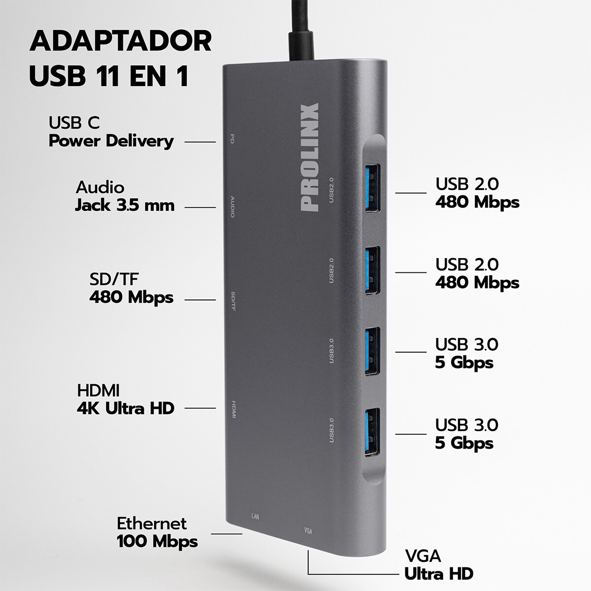 Hub Prolinx USB-C multipuerto 11 en 1 gris metálico Gris metálico-2