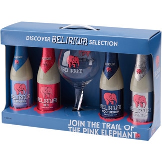 cerveza rubia especial belga 4 variedades (Tremens, Red, Nocturnum y Argentum) estuche 4 botellas 33 cl + Copa - Delirium Tremens