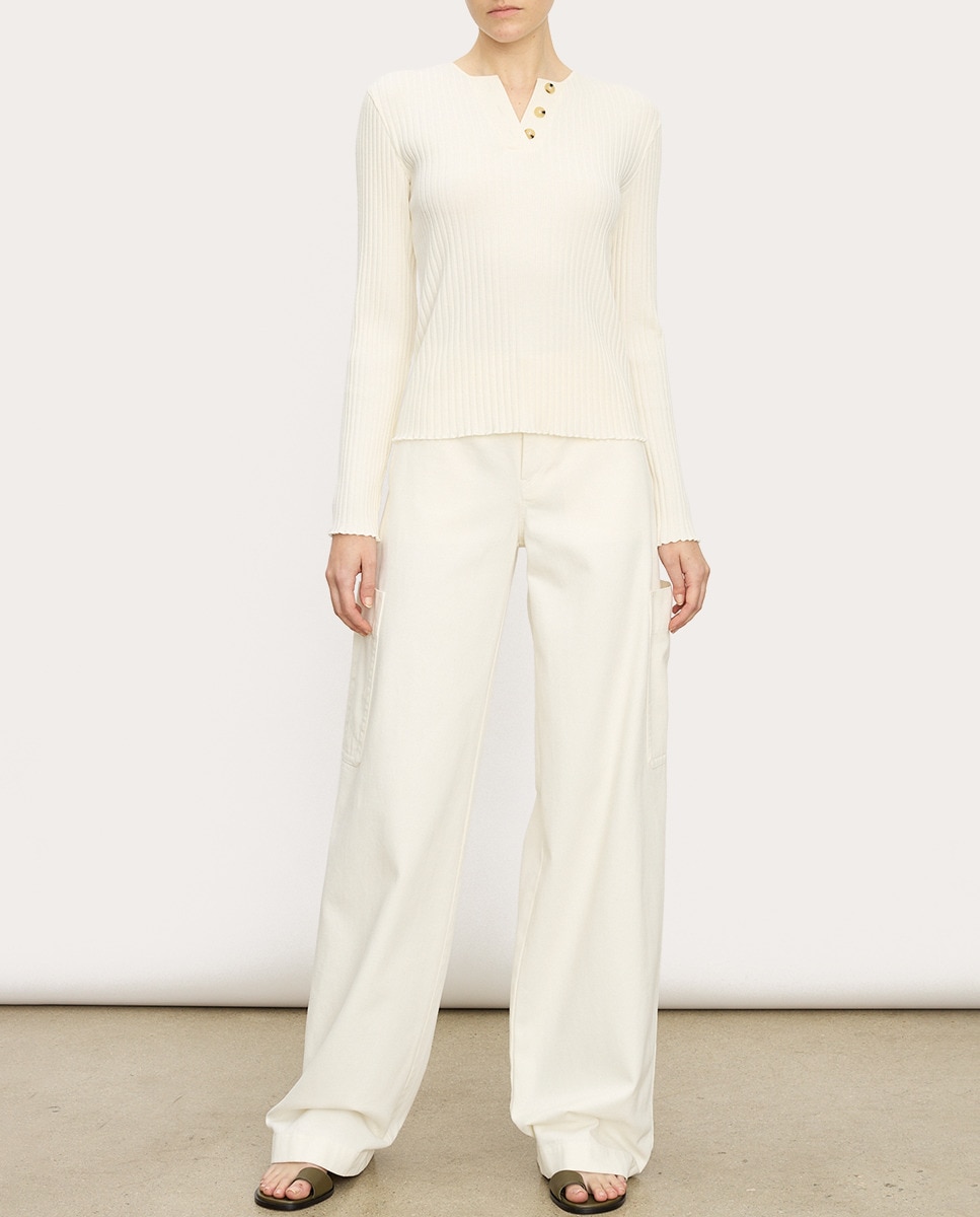 Camisola de malha de algodão Branco-3