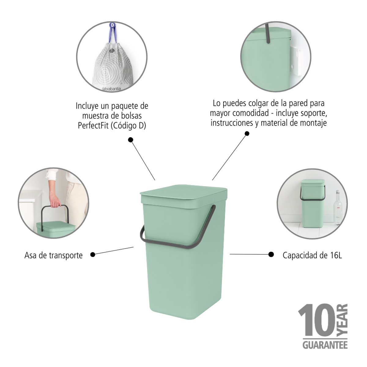 Cubo de basura para reciclar Sort&Go 16L Brabantia Verde claro-5