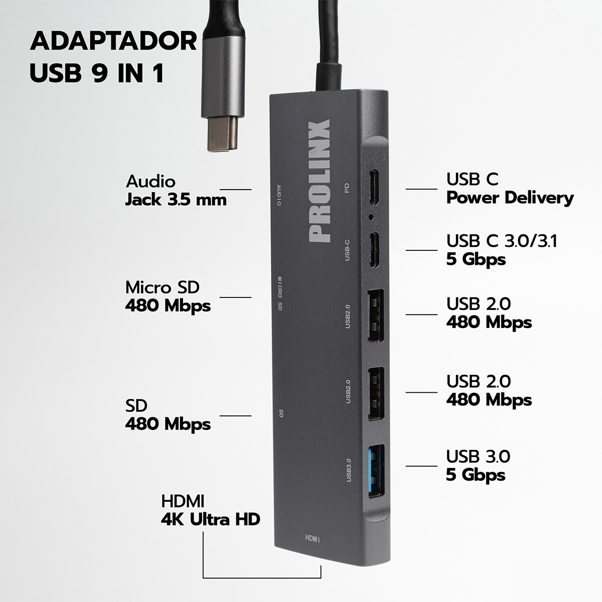Hub Prolinx 9 en 1 USB-C Gris metálico-2
